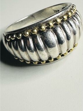 18K 925 Dome Ring - Two Tone Sterling Silver Yellow Gold Fluted Ridged